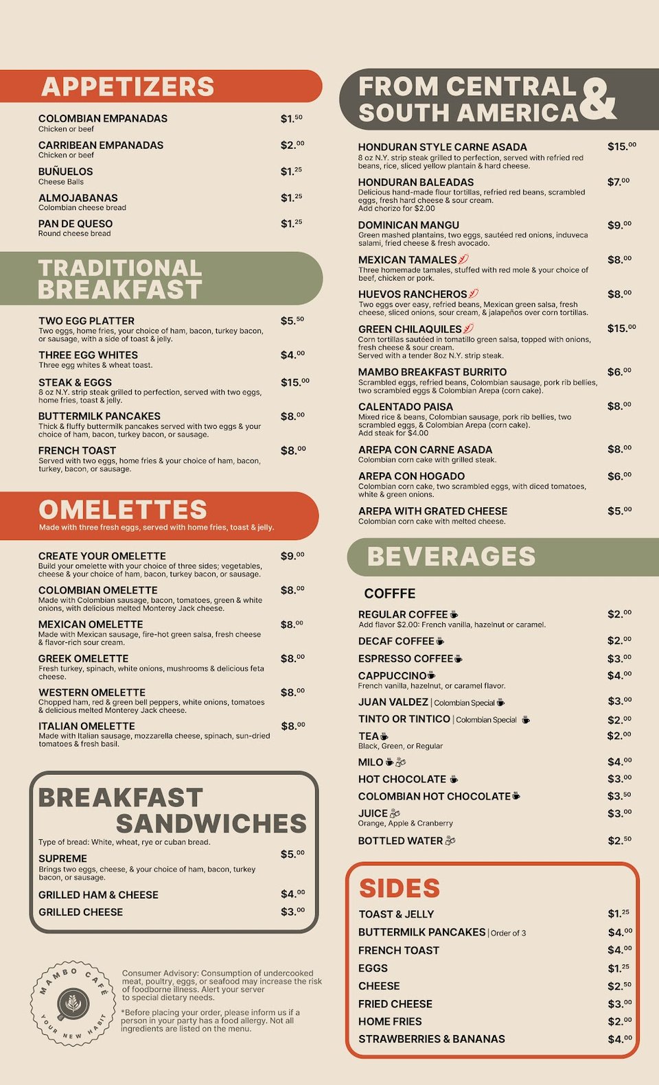 Printed menu with appetizers and small plates.